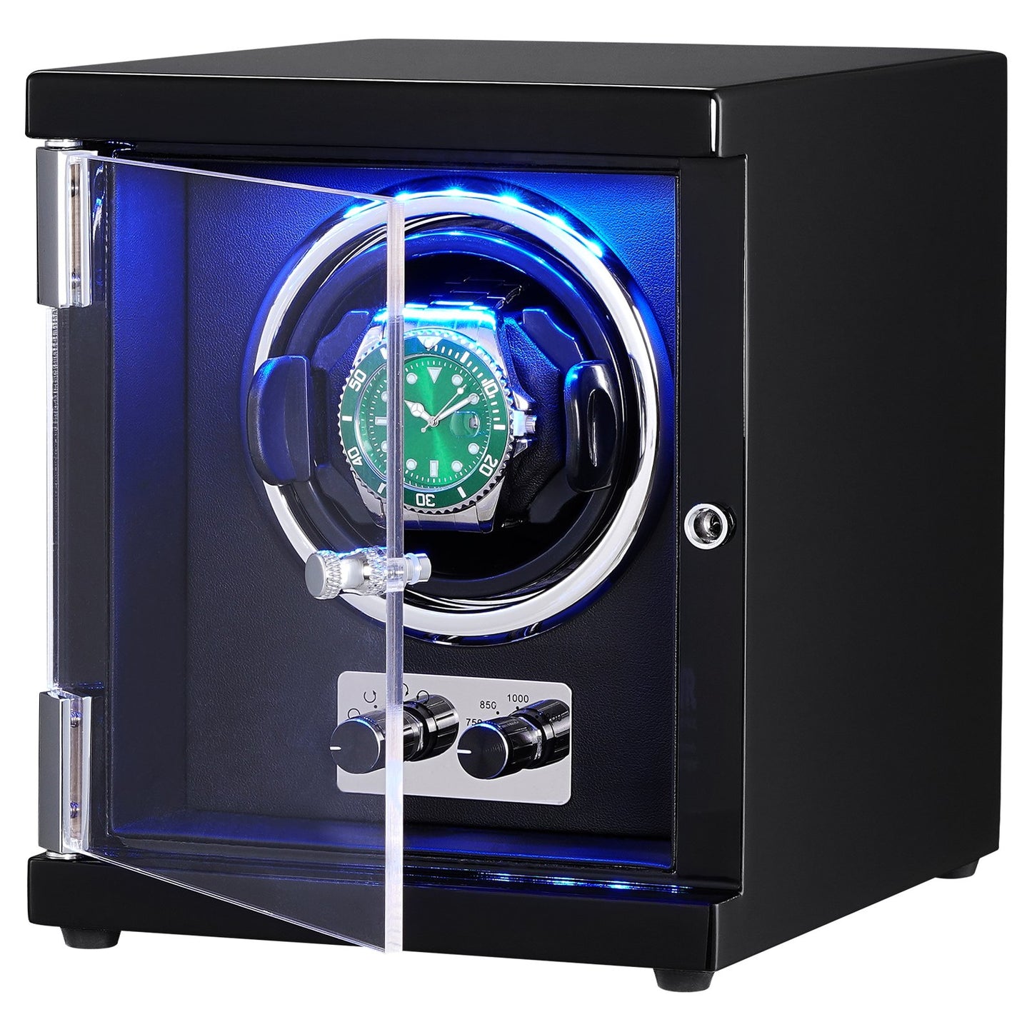 Watch Winder, Single Watch Winder for Men's and Women's Automatic Watch, with Super Quiet Japanese Mabuchi Motor, Blue LED Light and Adapter, High-Density Board Shell and Black PU