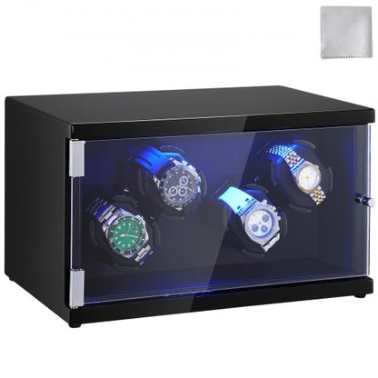 Watch Winder, Watch Winder for 4 Men's and Women's Automatic Watches, with 2 Super Quiet Japanese Mabuchi Motors, Blue LED Light and Adapter, High-Density Board Shell and Black PU