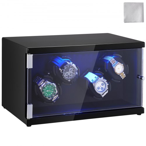 Watch Winder, Watch Winder for 4 Men's and Women's Automatic Watches, with 2 Super Quiet Japanese Mabuchi Motors, Blue LED Light and Adapter, High-Density Board Shell and Black PU