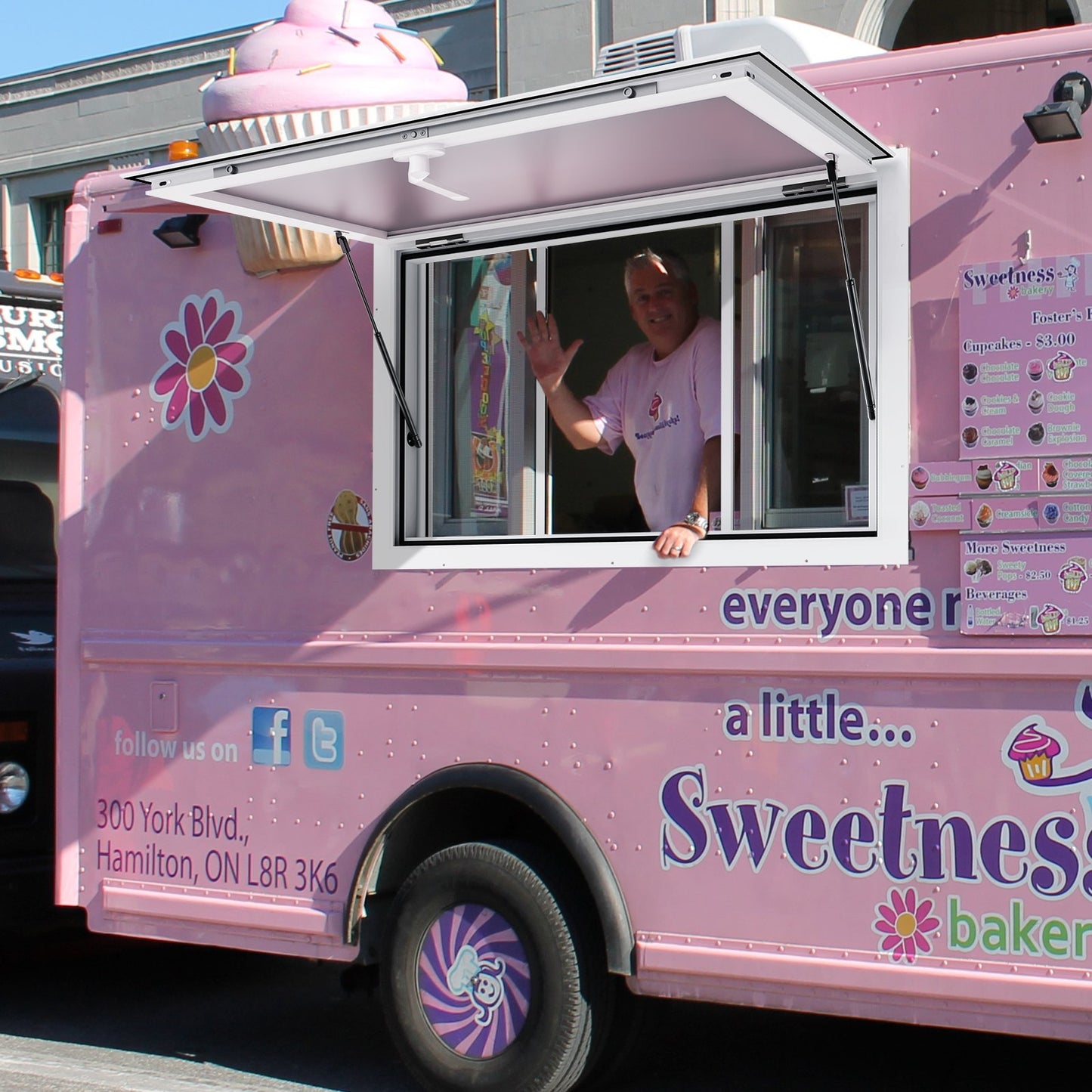 Concession Window for Food Truck, 36"x24" Aluminum Alloy Service Window, Up to 85 Degrees Serving Window with 2 Sliding Windows & Awning Door & Drag Hook, for Food Truck Concession Trailer