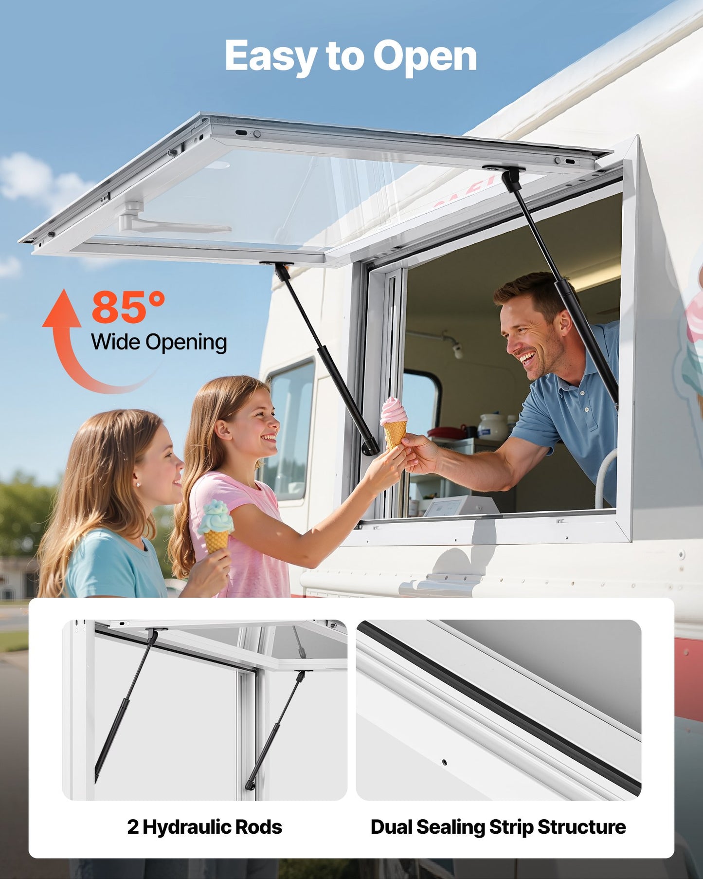 Concession Window 92x61 cm, Aluminum Alloy Service Window for Food Truck, Up to 85 Degrees Stand Serving Window with 2 Sliding Windows, Awning Door, and Drag Hook, for Concession Trailers