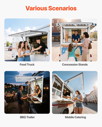 Concession Window 92x61 cm, Aluminum Alloy Service Window for Food Truck, Up to 85 Degrees Stand Serving Window with 2 Sliding Windows, Awning Door, and Drag Hook, for Concession Trailers
