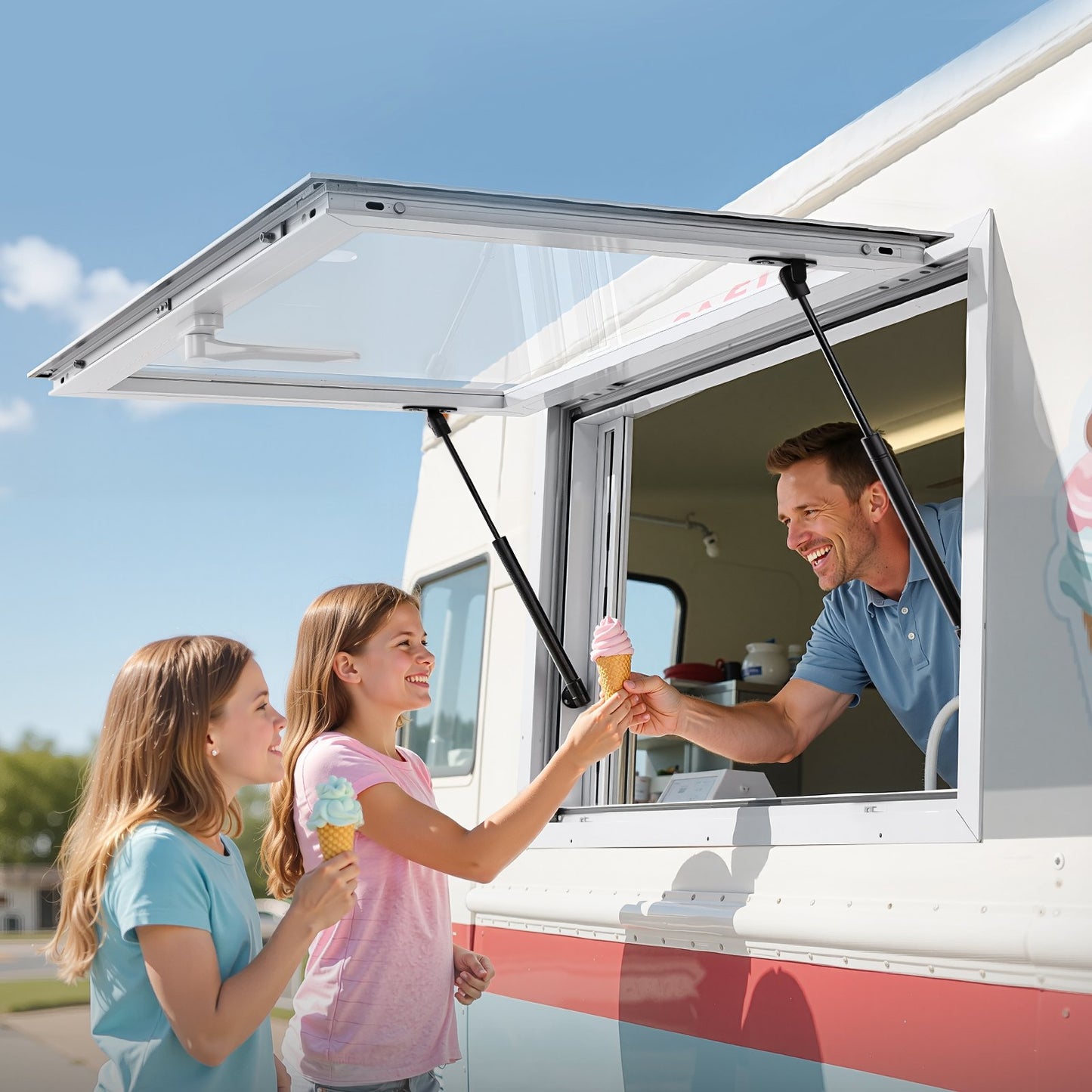 Concession Window 92x61 cm, Aluminum Alloy Service Window for Food Truck, Up to 85 Degrees Stand Serving Window with 2 Sliding Windows, Awning Door, and Drag Hook, for Concession Trailers