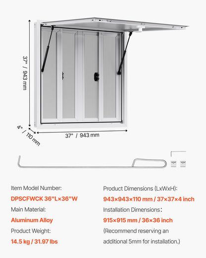 Concession Window 92x92 cm, Aluminum Alloy Service Window for Food Truck, Up to 85 Degrees Stand Serving Window with 4 Sliding Windows, Awning Door, and Drag Hook, for Concession Trailers