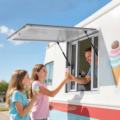 Concession Window 92x92 cm, Aluminum Alloy Service Window for Food Truck, Up to 85 Degrees Stand Serving Window with 4 Sliding Windows, Awning Door, and Drag Hook, for Concession Trailers