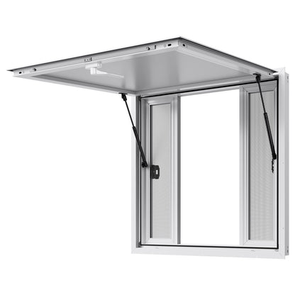 Concession Window 92x92 cm, Aluminum Alloy Service Window for Food Truck, Up to 85 Degrees Stand Serving Window with 4 Sliding Windows, Awning Door, and Drag Hook, for Concession Trailers