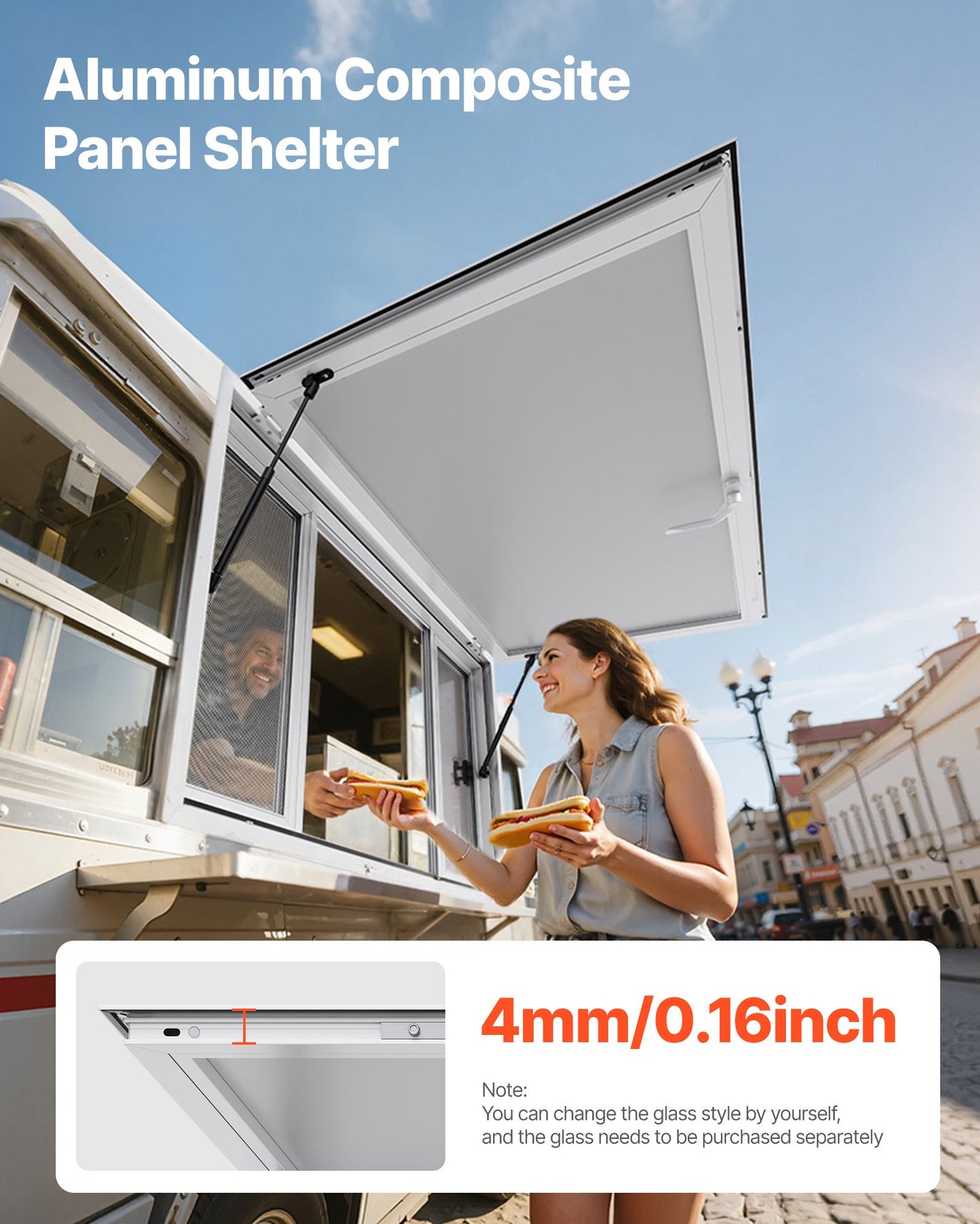Concession Window 135x84 cm, Aluminum Alloy Service Window for Food Truck, Up to 85 Degrees Stand Serving Window with 4 Sliding Windows, Awning Door, and Drag Hook, for Concession Trailers
