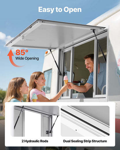 Concession Window 135x84 cm, Aluminum Alloy Service Window for Food Truck, Up to 85 Degrees Stand Serving Window with 4 Sliding Windows, Awning Door, and Drag Hook, for Concession Trailers