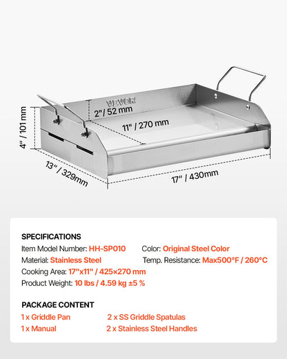 Stainless Steel Griddle, 17x13 inch Universal Flat Top Rectangular Plate, Gas Grill Griddle for BBQ Grill, Teppanyaki, Portable Family Cookware with Handle, for Camping Tailgating Party