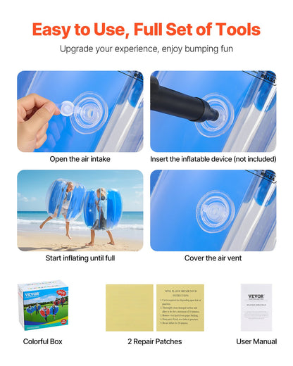 Uppblåsbara bumperbollar 2-pack, 3FT/0.9M Body Sumo-boll, hållbar tjock PVC-mänsklig hamster-bubbelknackare för utomhusspel, Bopper-leksak för lekplats, blå ränder