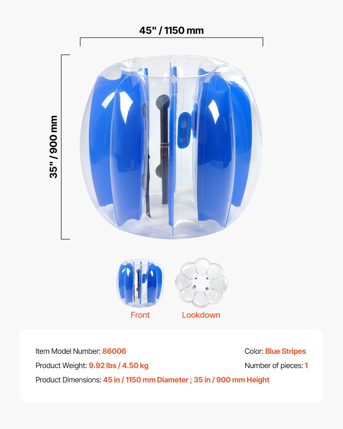 Uppblåsbara Bumper Balls 1-pack, 4FT/1.2M Body Sumo Zorb-boll, hållbar tjock PVC-mänsklig hamster-bubbelknäckare för utomhussporter, Bopper-leksak för trädgård, blå ränder