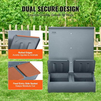 Hog Feeder, 3.7 Bushel Capacity, Double Door Pig Feeder, Heavy Duty Steel Piglets Feeder, Multipurpose Trough Creep Feeder, Outdoor Livestock Feeder Farm Accessory for Feeding up to 8 Hogs