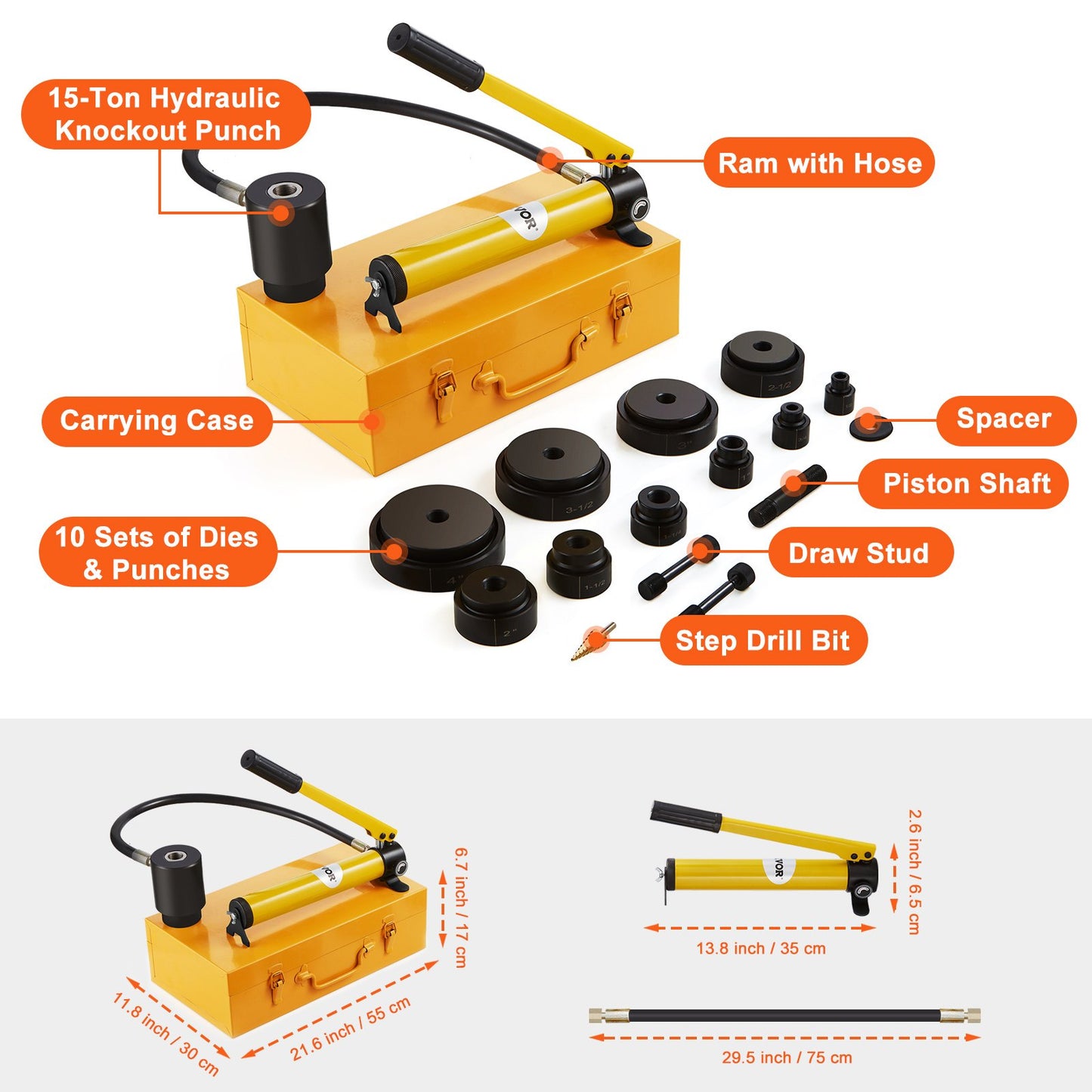 15 Ton Hydraulic Knockout Punch Driver Kit Hole Tool 12.7mm-101.6mm with 10 Dies