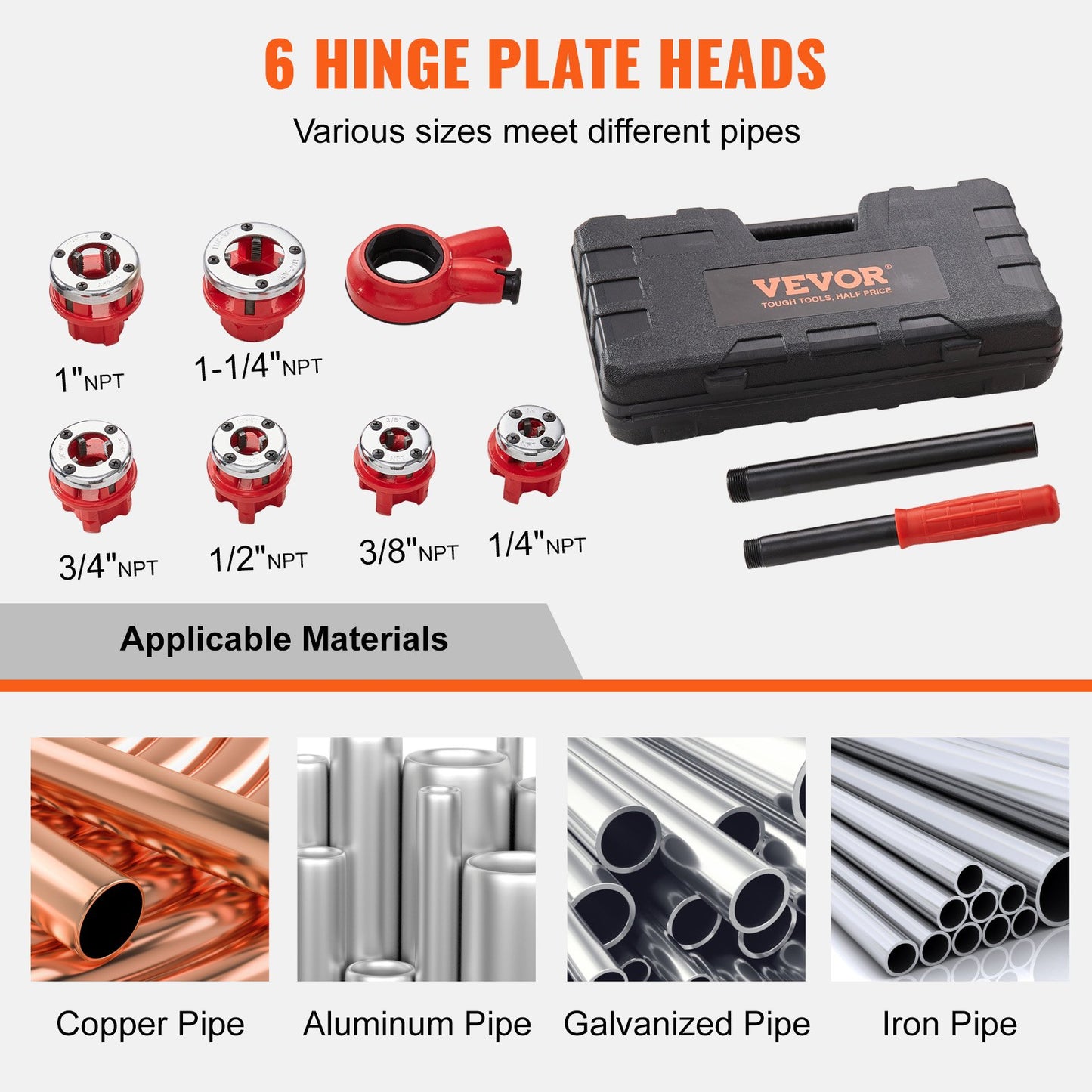 Ratchet Pipe Threader Kit, 6.4mm NPT - 32mm NPT Manual Ratcheting Pipe Threader, Portable Pipe Threading Tool Set with 6PCS NPT Dies, Storage Case for Galvanized Aluminum Iron Copper Pipes