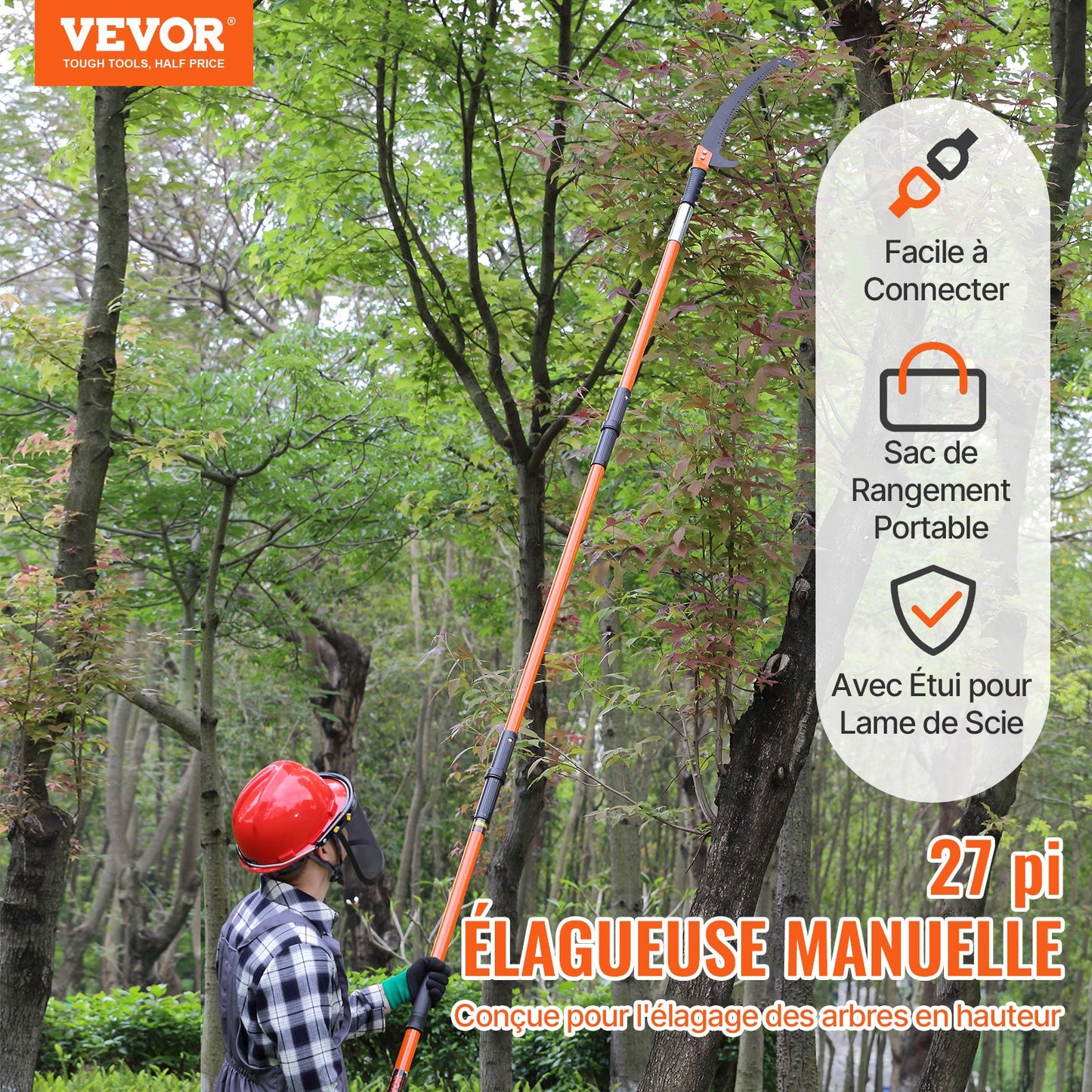 Manual Pole Saw, 2.2 - 8.2 m Extendable Tree Pruner, Sharp Steel Blade High Branches Trimming, Manual Branch Trimmer with Lightweight 2.4 m Fiberglass Handles, for Pruning Palms and Shrubs