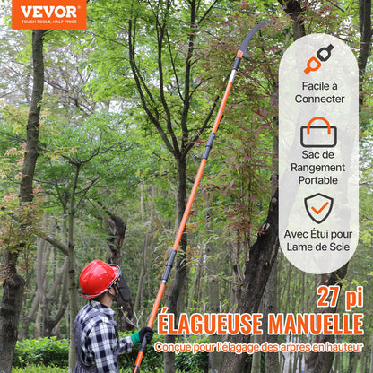 Manual Pole Saw, 2.2 - 8.2 m Extendable Tree Pruner, Sharp Steel Blade High Branches Trimming, Manual Branch Trimmer with Lightweight 2.4 m Fiberglass Handles, for Pruning Palms and Shrubs