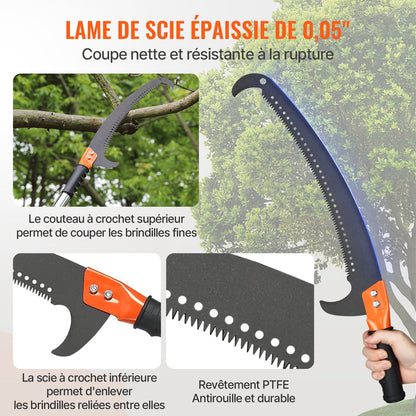 Manual Pole Saw, 2.2 - 8.2 m Extendable Tree Pruner, Sharp Steel Blade High Branches Trimming, Manual Branch Trimmer with Lightweight 2.4 m Fiberglass Handles, for Pruning Palms and Shrubs