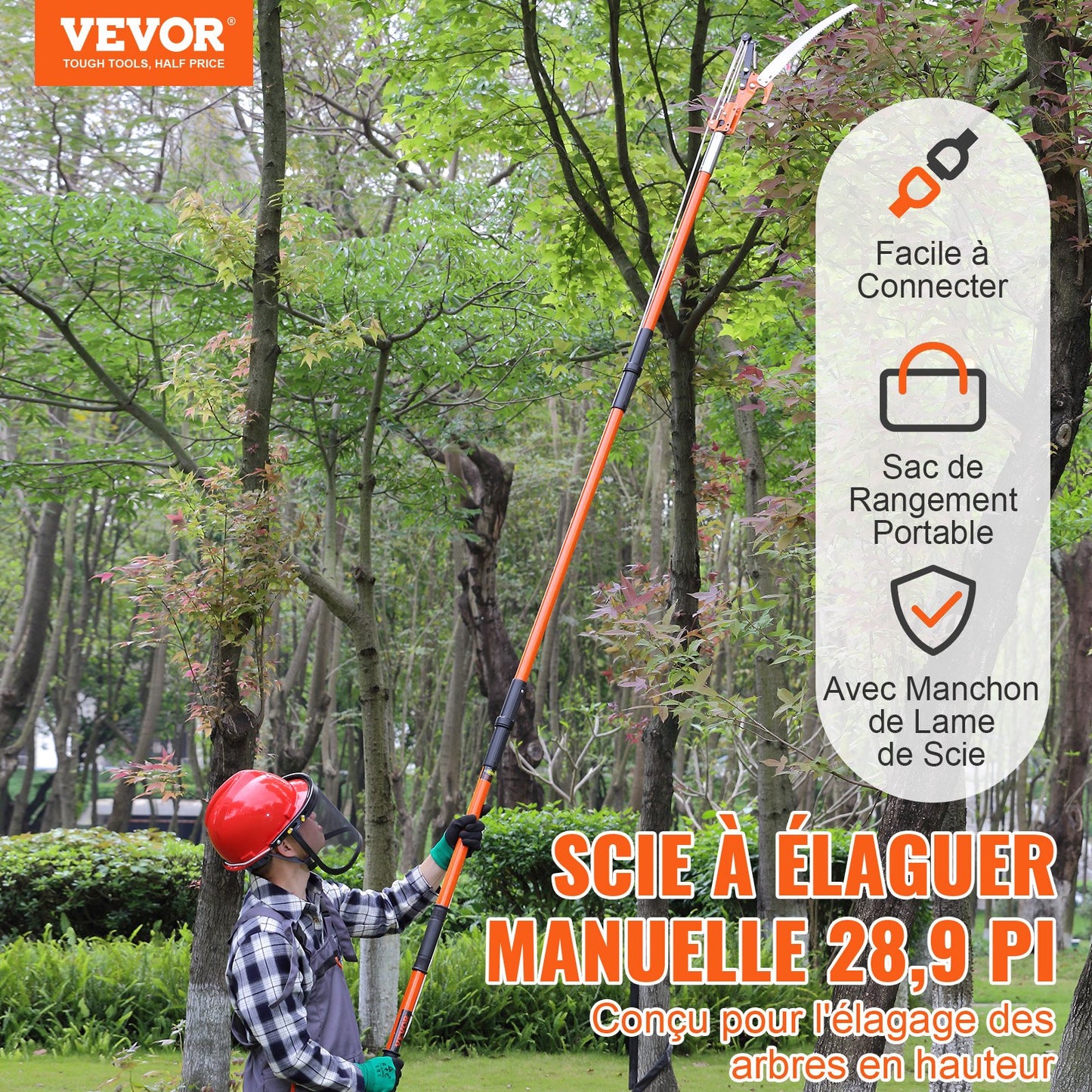 Manual Pole Saw, 2.2-8.2 m Extendable Tree Pruner, Sharp Steel Blade and Scissors High Branches Trimming, Branch Trimmer with Lightweight 2.4 m Fiberglass Handles, for Pruning Palms and Shrubs