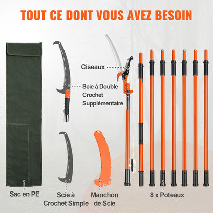 Manual Pole Saw, 2.2-8.2 m Extendable Tree Pruner, Sharp Steel Blade and Scissors High Branches Trimming, Branch Trimmer with Lightweight 2.4 m Fiberglass Handles, for Pruning Palms and Shrubs