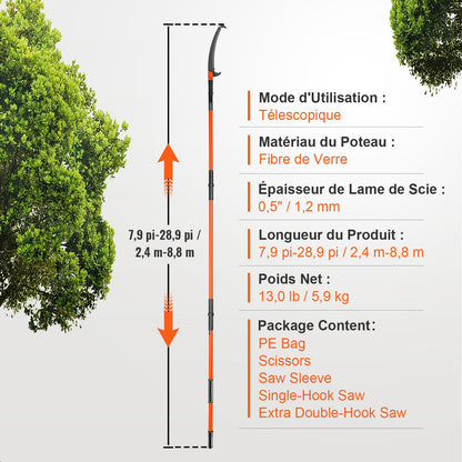 Manual Pole Saw, 2.2-8.2 m Extendable Tree Pruner, Sharp Steel Blade and Scissors High Branches Trimming, Branch Trimmer with Lightweight 2.4 m Fiberglass Handles, for Pruning Palms and Shrubs