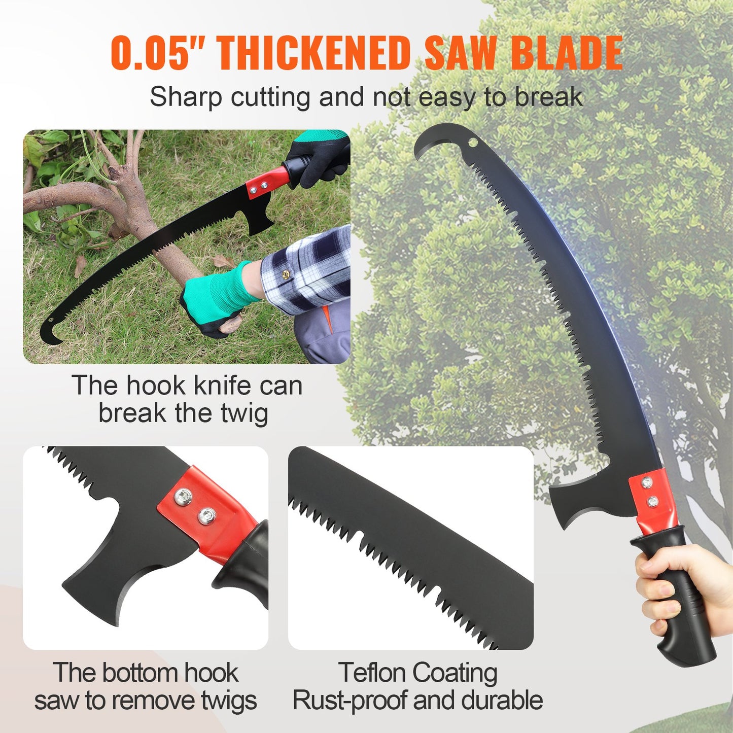 Manual Pole Saw, 1.5-6.1 m Extendable Tree Pruner, Sharp Steel Blade for High Branches Trimming, with Lightweight Aluminum Alloy Handle and a Chenille Brush, for Pruning Palms and Shrubs