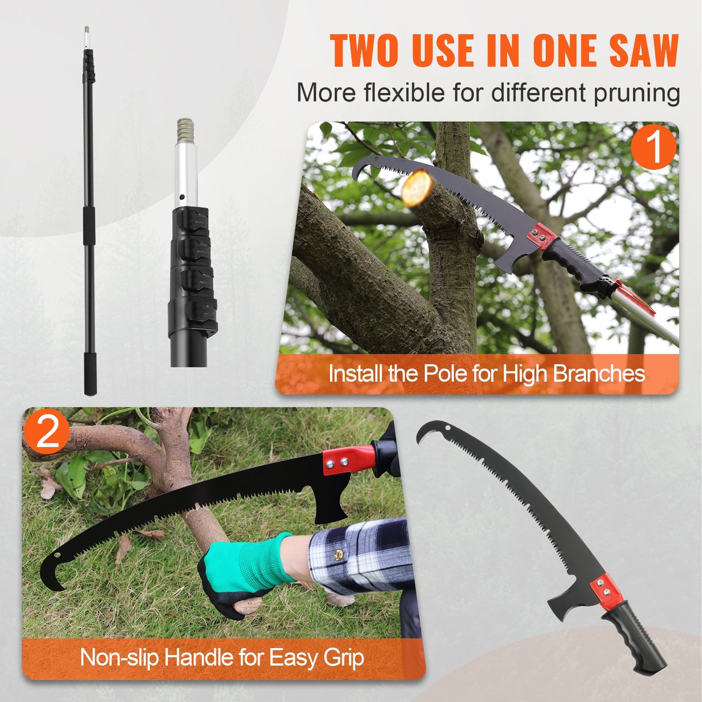 Manual Pole Saw, 1.5-6.1 m Extendable Tree Pruner, Sharp Steel Blade for High Branches Trimming, with Lightweight Aluminum Alloy Handle and a Chenille Brush, for Pruning Palms and Shrubs