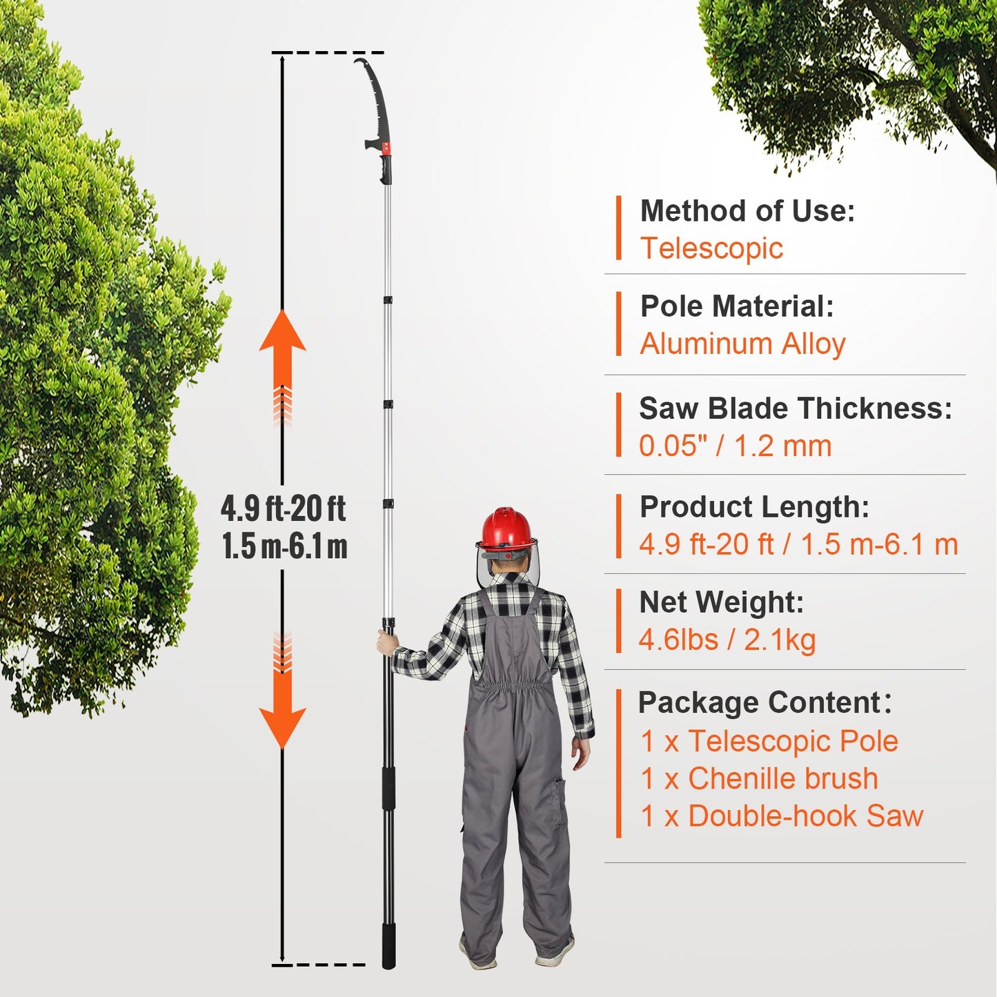 Manual Pole Saw, 1.5-6.1 m Extendable Tree Pruner, Sharp Steel Blade for High Branches Trimming, with Lightweight Aluminum Alloy Handle and a Chenille Brush, for Pruning Palms and Shrubs