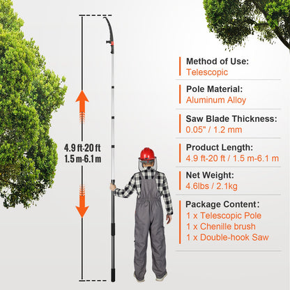 Manual Pole Saw, 1.5-6.1 m Extendable Tree Pruner, Sharp Steel Blade for High Branches Trimming, with Lightweight Aluminum Alloy Handle and a Chenille Brush, for Pruning Palms and Shrubs