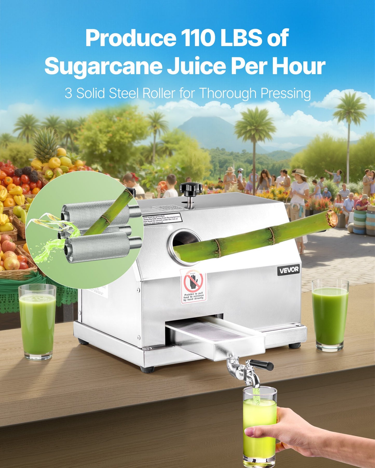 Commercial Sugar Cane Juicer Machine 50 kg/h Output 3 Rollers 62 mm Inlet