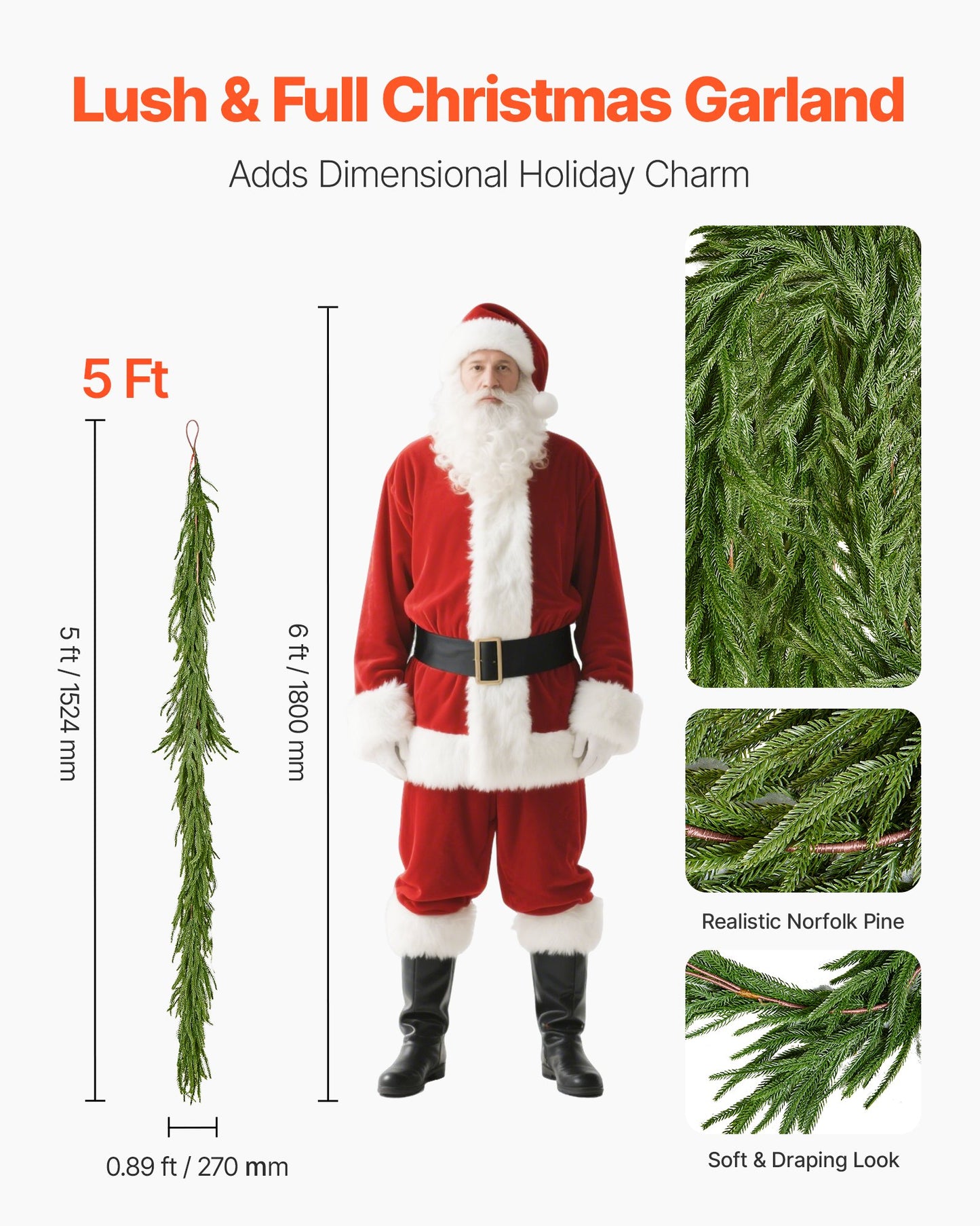 Christmas Garland, 1524 mm Realistic Norfolk Pine Garland, Evergreen Real Touch Artificial Faux Greenery Garlands, for Holiday Indoor Outdoor Xmas Decoration on Table, Mantel, and Fireplace