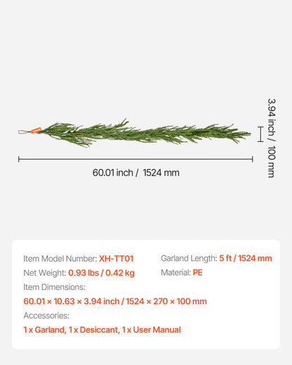 Christmas Garland, 1524 mm Realistic Norfolk Pine Garland, Evergreen Real Touch Artificial Faux Greenery Garlands, for Holiday Indoor Outdoor Xmas Decoration on Table, Mantel, and Fireplace