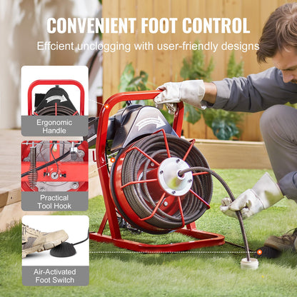 Drain Cleaner Machine 75FT x 1/2 Inch, Sewer Snake Auger Manual Feed, 370W Electric Drain Cleaning Machine with 4 Cutters & Air-activated Foot Switch for 2" to 4" Pipes