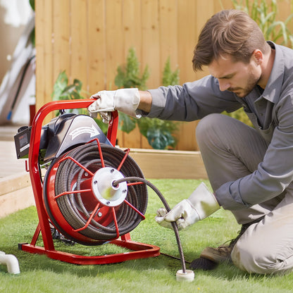 Drain Cleaner Machine 75FT x 1/2 Inch, Sewer Snake Auger Manual Feed, 370W Electric Drain Cleaning Machine with 4 Cutters & Air-activated Foot Switch for 2" to 4" Pipes