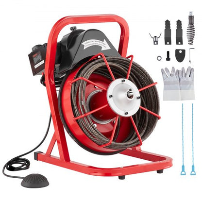 Drain Cleaner Machine 50FT x 3/8 Inch, Sewer Snake Auger Manual Feed, 250W Electric Drain Cleaning Machine with 4 Cutters & Air-activated Foot Switch for 2" to 4" Pipes