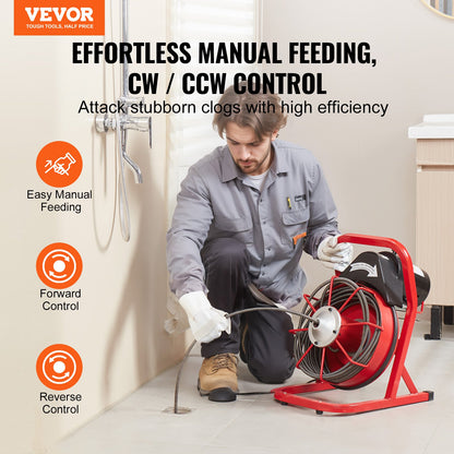 Drain Cleaner Machine 50FT x 3/8 Inch, Sewer Snake Auger Manual Feed, 250W Electric Drain Cleaning Machine with 4 Cutters & Air-activated Foot Switch for 2" to 4" Pipes