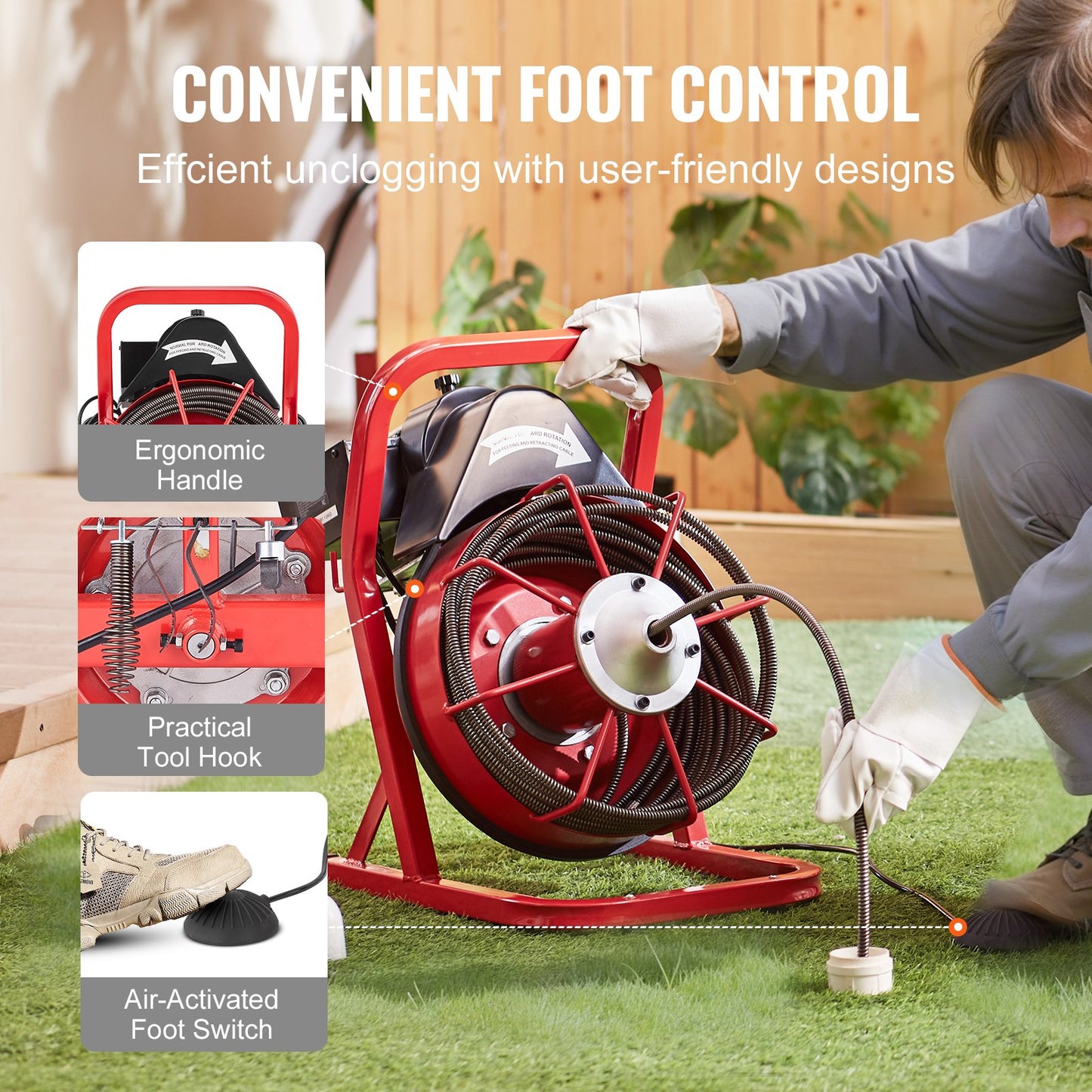 Drain Cleaner Machine 50FT x 3/8 Inch, Sewer Snake Auger Manual Feed, 250W Electric Drain Cleaning Machine with 4 Cutters & Air-activated Foot Switch for 2" to 4" Pipes