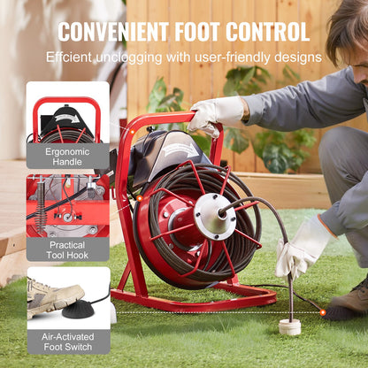 Drain Cleaner Machine 50FT x 3/8 Inch, Sewer Snake Auger Manual Feed, 250W Electric Drain Cleaning Machine with 4 Cutters & Air-activated Foot Switch for 2" to 4" Pipes
