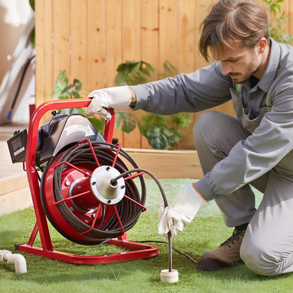 Drain Cleaner Machine 50FT x 3/8 Inch, Sewer Snake Auger Manual Feed, 250W Electric Drain Cleaning Machine with 4 Cutters & Air-activated Foot Switch for 2" to 4" Pipes