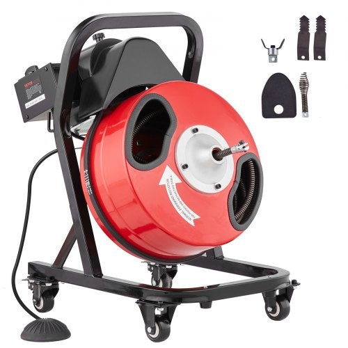 Drain Cleaner Machine 50FT x 1/2 Inch, Manual Feed Sewer Snake Auger - with Wheels, 4 Cutters & Air-activated Foot Switch for 2" to 4" Pipes