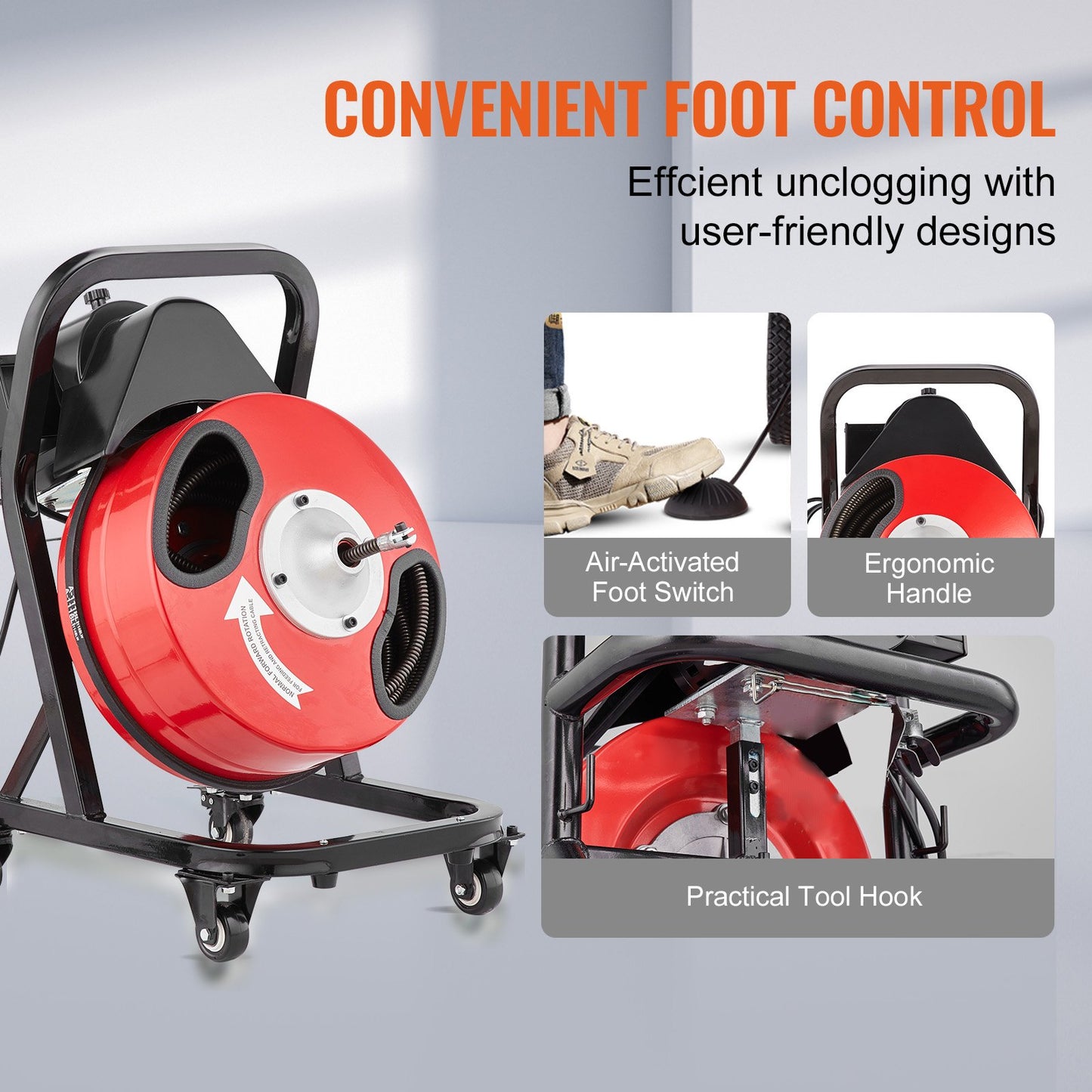 Drain Cleaner Machine 50FT x 1/2 Inch, Manual Feed Sewer Snake Auger - with Wheels, 4 Cutters & Air-activated Foot Switch for 2" to 4" Pipes