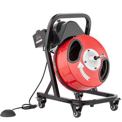 Drain Cleaner Machine 50FT x 1/2 Inch, Manual Feed Sewer Snake Auger - with Wheels, 4 Cutters & Air-activated Foot Switch for 2" to 4" Pipes