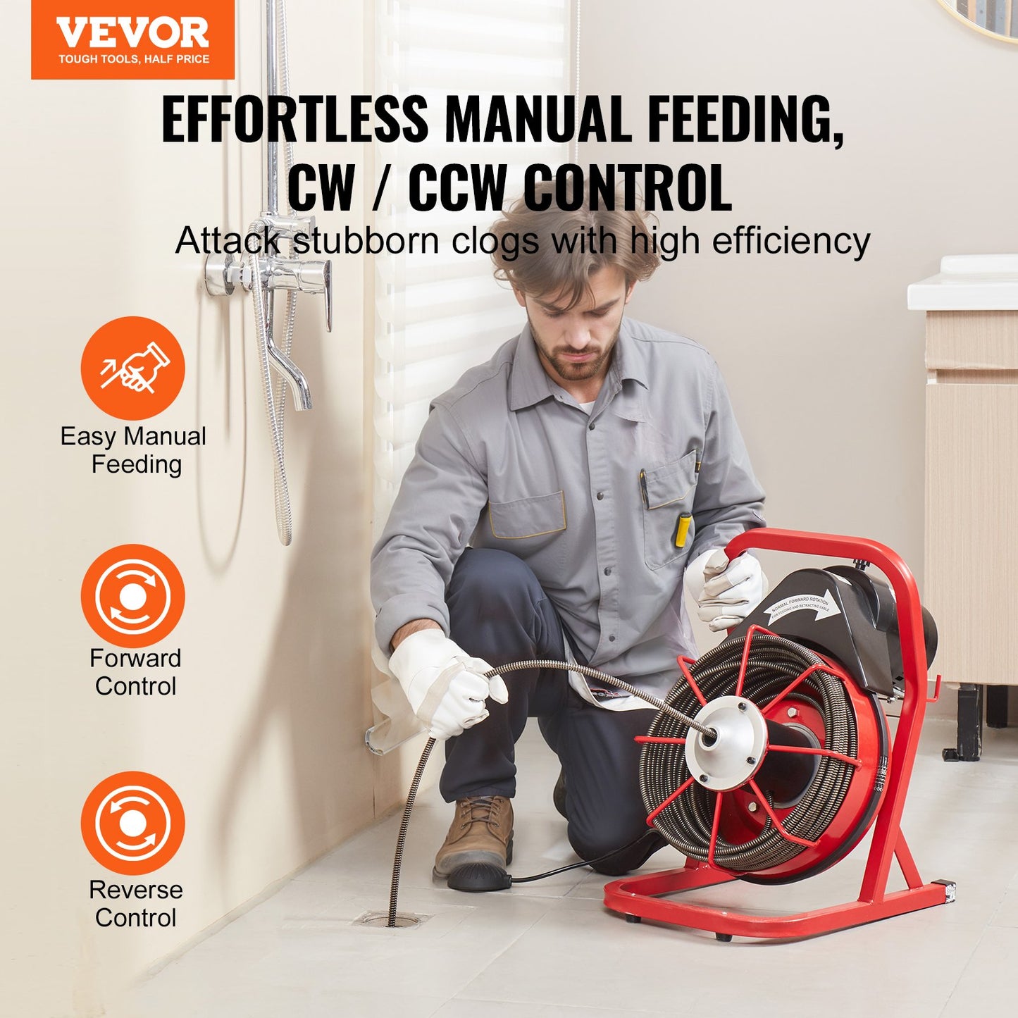 Drain Cleaner Machine Drain Auger 2286 cm x 9.5 mm Manual Feed & 4 Cutters