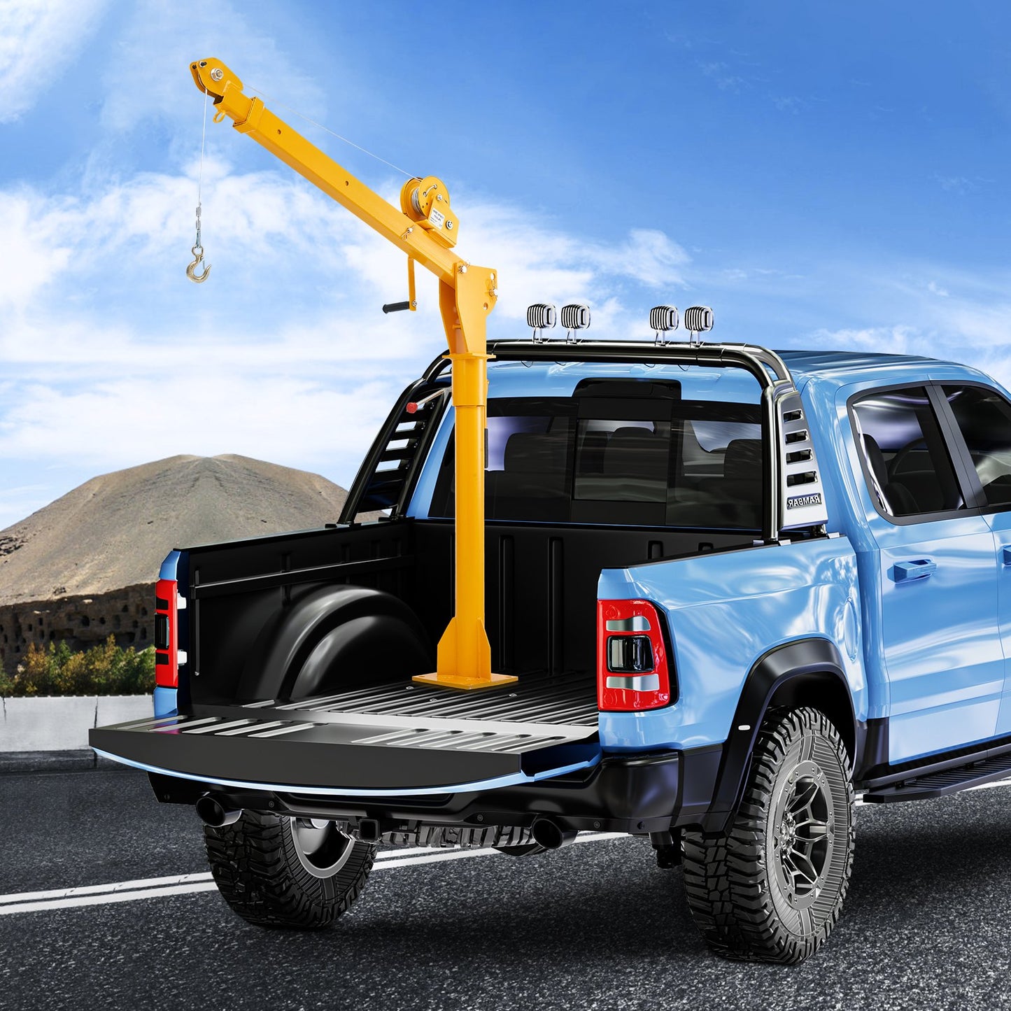 Pickup Truck Crane, Folding Truck-Mounted Bed Crane with 1100 lbs Manual Winch, Steel Pickup Truck Jib Crane Hoist 360 Degrees Swivel for Lifting Goods in Construction, Forestry, and Factory