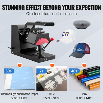 Hat Heat Press, 4-in-1 Cap Heat Press Machine, 15.24 x 7.6 cm Clamshell Sublimation Transfer, LCD Digital Timer Temperature Control with 4pcs Curved Heating Elements (15.24 x 7.6/17x6.86/17x6.86/20.57x8.89 cm)