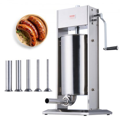 Manual Sausage Stuffer, 15 L / 30 LBS Vertical Sausage Machine, Dual-Speed Meat Stuffer, Made of Food-Grade 304 Stainless Steel, Includes 5 Stuffing Tubes, for Home Kitchen Restaurant Commercial