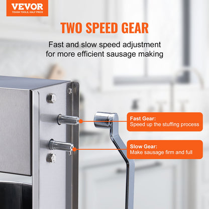 Manual Sausage Stuffer, 15 L / 30 LBS Vertical Sausage Machine, Dual-Speed Meat Stuffer, Made of Food-Grade 304 Stainless Steel, Includes 5 Stuffing Tubes, for Home Kitchen Restaurant Commercial