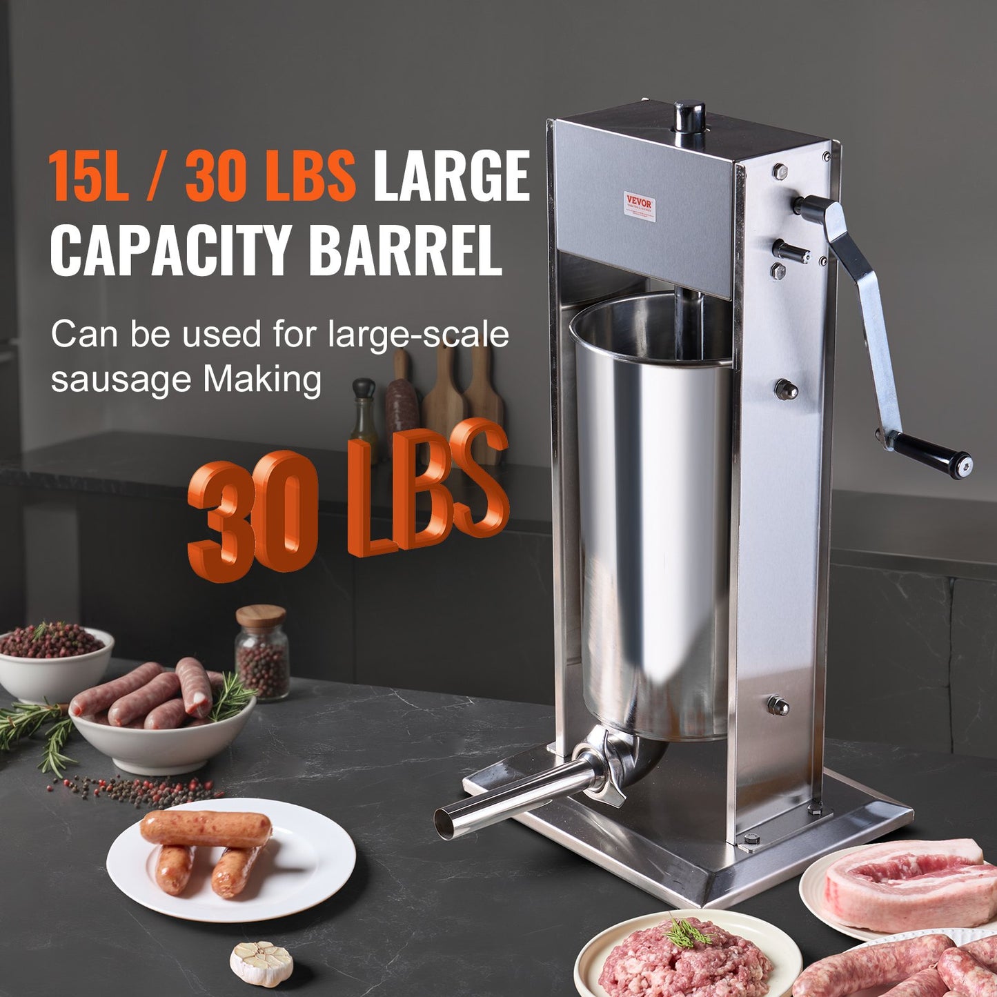 Manual Sausage Stuffer, 15 L / 30 LBS Vertical Sausage Machine, Dual-Speed Meat Stuffer, Made of Food-Grade 304 Stainless Steel, Includes 5 Stuffing Tubes, for Home Kitchen Restaurant Commercial