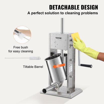 Manual Sausage Stuffer, 5LBS/3L Capacity, Two Speed 304 Stainless Steel Vertical Sausage Stuffer, Sausage Filling Machine with 4 Stuffing Tubes, Suction Base for Household or Commercial Use
