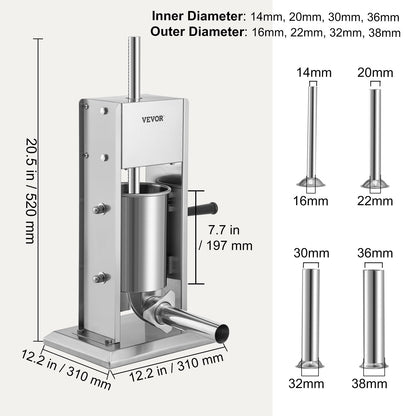 Manual Sausage Stuffer, 5LBS/3L Capacity, Two Speed 304 Stainless Steel Vertical Sausage Stuffer, Sausage Filling Machine with 4 Stuffing Tubes, Suction Base for Household or Commercial Use