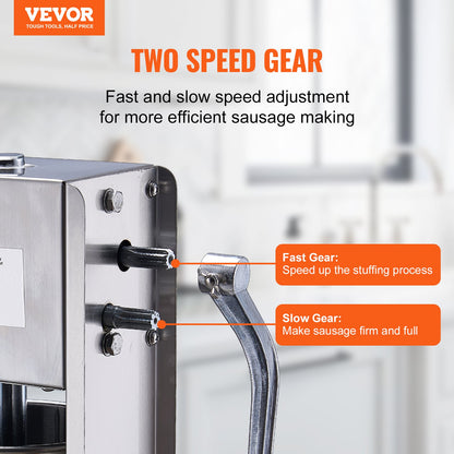 Manuell korvfyllare, 7 l / 15 lbs vertikal korvmaskin, köttfyllare med dubbla hastigheter, tillverkad av livsmedelsklassat 304 rostfritt stål, inkluderar 5 fyllningsrör, för hemmakök, restaurang, kommersiellt bruk
